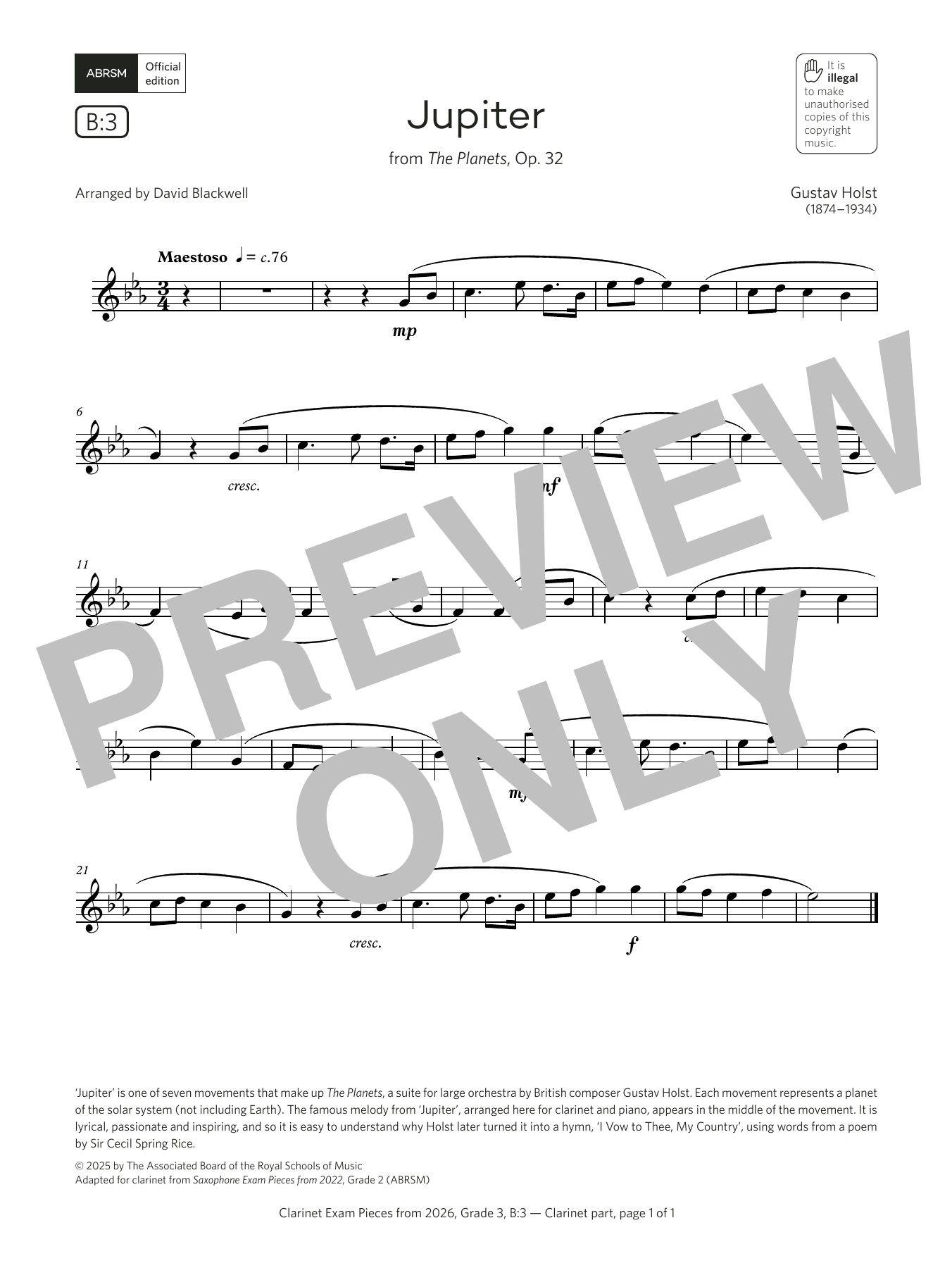 Product gallery: Page 1 of 1 Jupiter (Grade 3, list B3, from the ABRSM Clarinet Syllabus from 2026), Gustav Holst