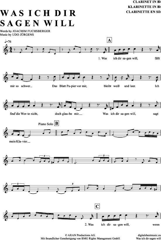 Product gallery: Page 1 of 4 Was Ich Dir Sagen Will , Jürgens, Udo, Clarinet in B-flat