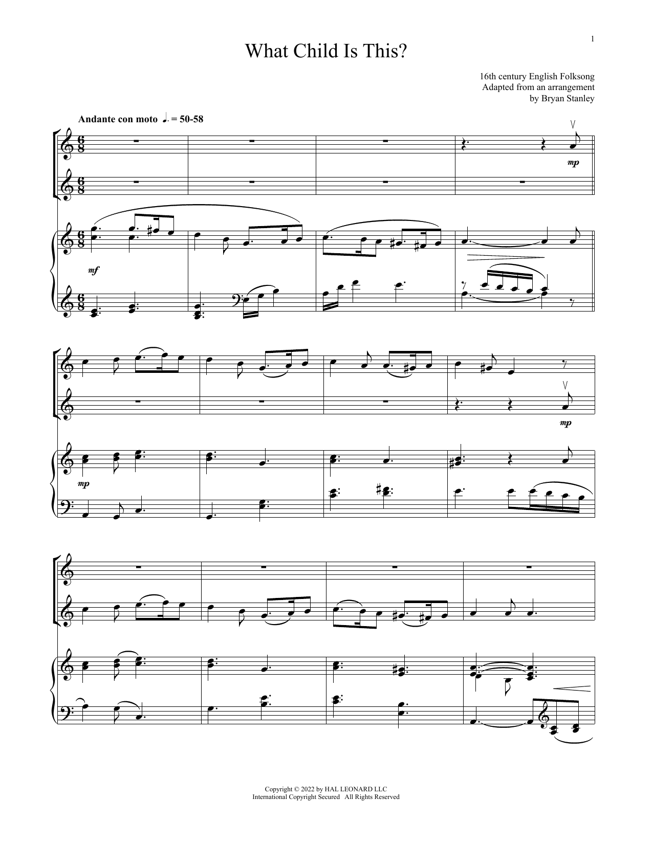 Product gallery: Page 1 of 1 What Child Is This? (for Violin Duet and Piano), William C. Dix