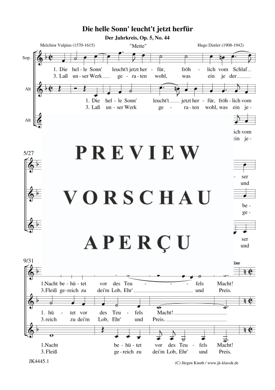 Produktgalerie: Seite 2 von 3 Die helle Sonn´ leucht´t jetzt herfür (Der Jahrkreis, Op.5, No. 44), , Frauenchor SAA