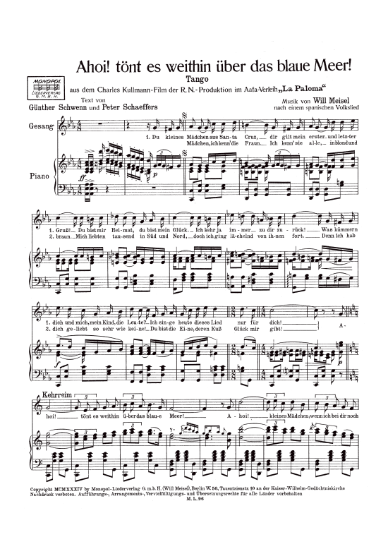 Produktbild zu: Ahoi! tönt es weithin über das blaue MeerTango aus dem Film: La Paloma