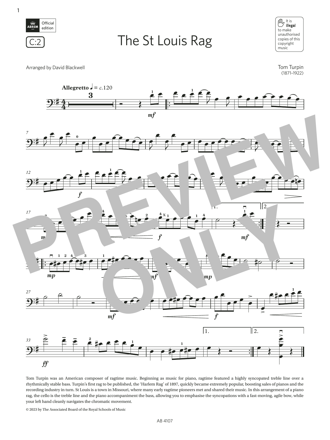 Produktbild zu:  The St Louis Rag (Grade 4, C2, from the ABRSM Cello Syllabus from 2024) - Tom Turpin
