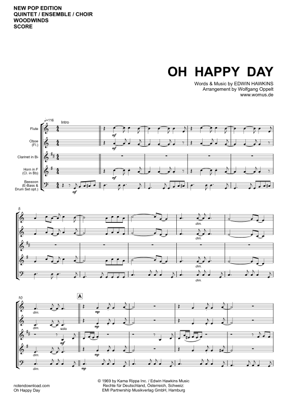 gallery: Oh Happy Day, Edwin Hawkins Singers, Woodwind quintet/ensemble/choir - electric bass with chordsandDrun Set opt.