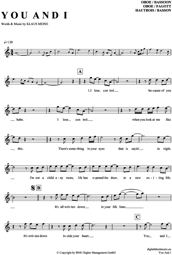 Produktgalerie: Seite 1 von 4 You and I , Scorpions, (Oboe / Fagott)