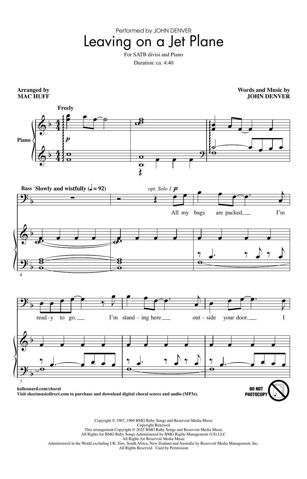 Product picture to: Leaving On A Jet Plane (arr. Mac Huff)