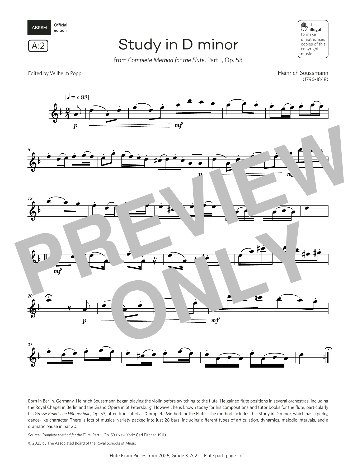 Product gallery: Page 1 of 1 Study in D minor (Grade 3, list A2, from the ABRSM Flute Syllabus from 2026), Heinrich Soussmann