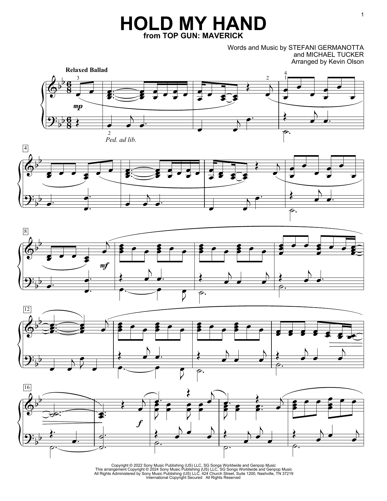Produktgalerie: Seite 1 von 1 Hold My Hand (from Top Gun: Maverick) (arr. Kevin Olson), Lady Gaga, Klavier