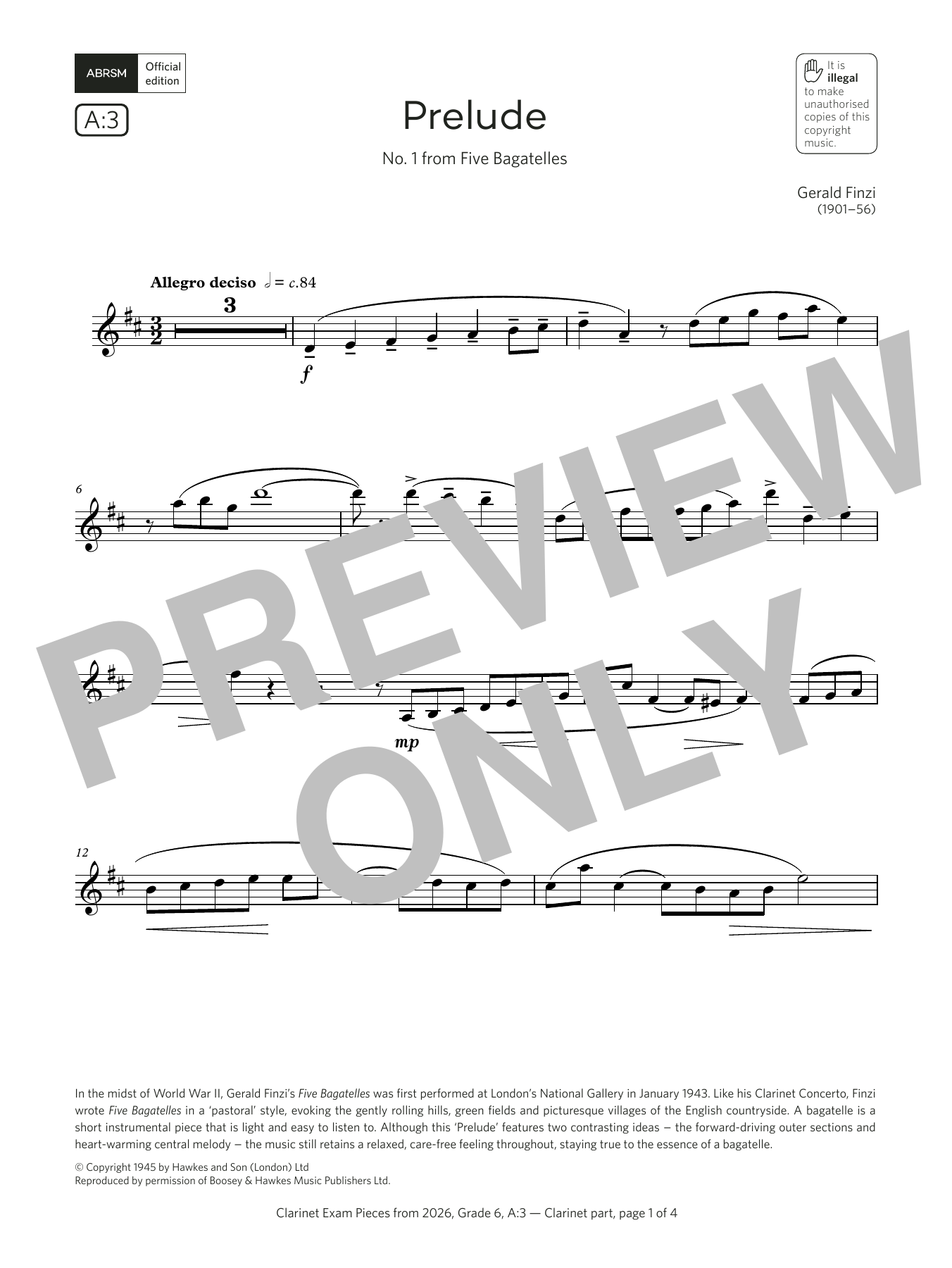 Product gallery: Page 1 of 1 Prelude (Grade 6, list A3, from the ABRSM Clarinet Syllabus from 2026), Gerald Finzi