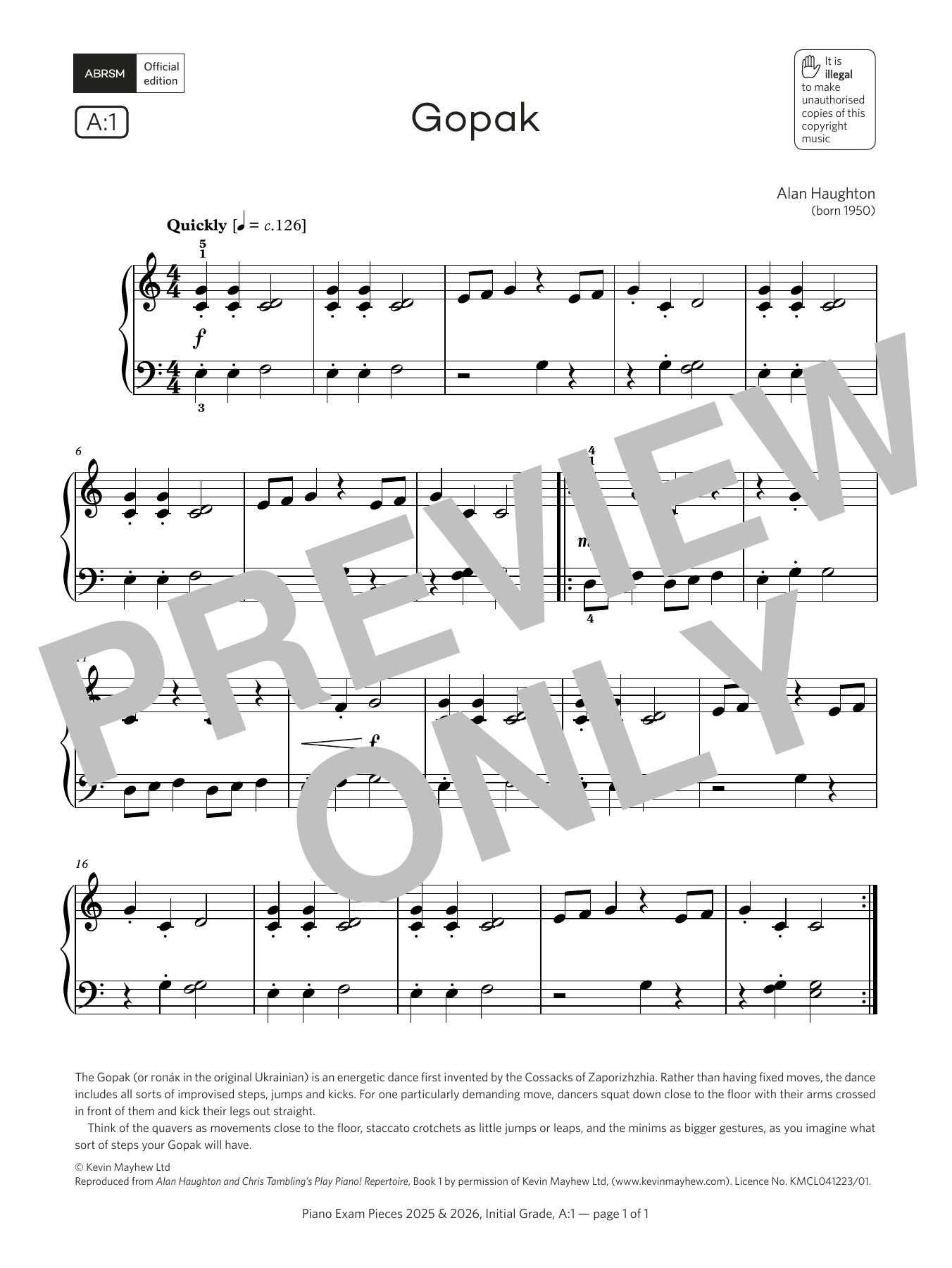 Product picture to: Gopak (Grade Initial, list A1, from the ABRSM Piano Syllabus 2025 & 2026)