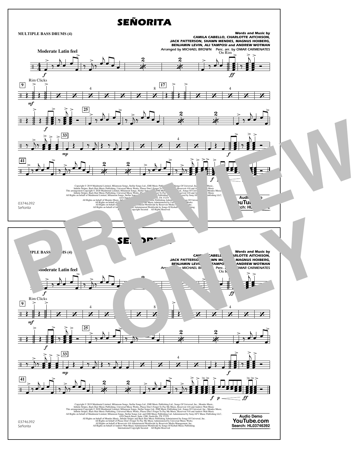 Product picture to: Señorita (arr. Carmenates and Brown) - Multiple Bass Drums