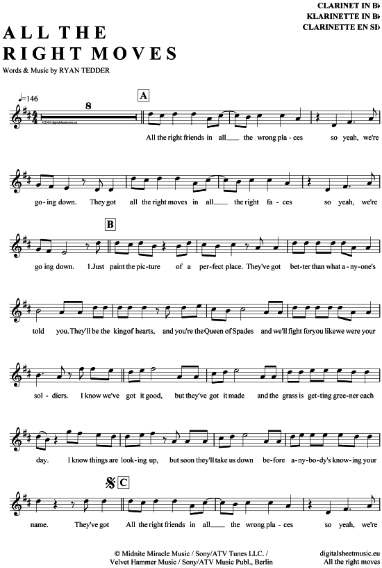 Product gallery: Page 1 of 4 All the right moves , OneRepublic, Clarinet in B-flat