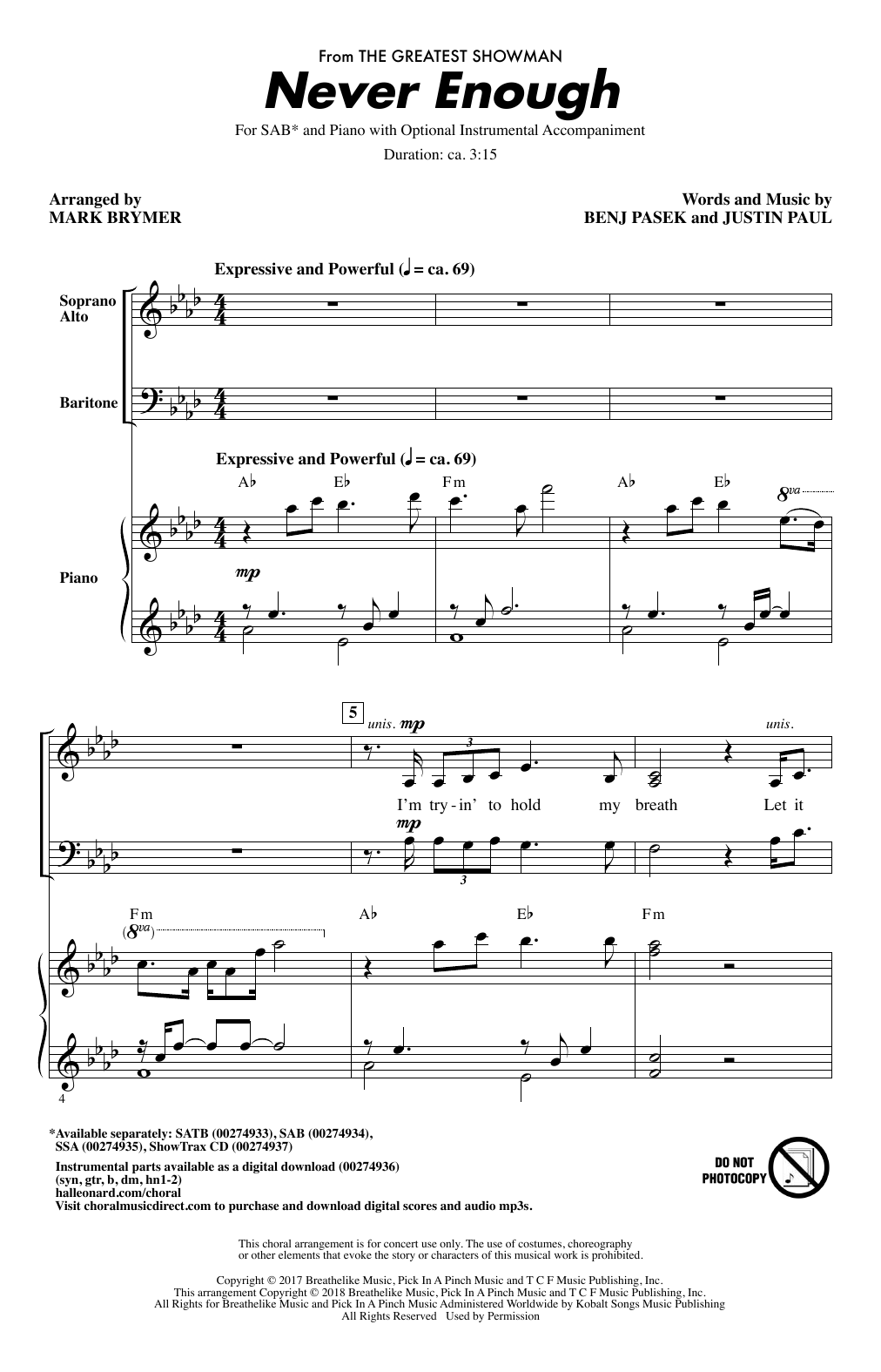 Product gallery: Page 1 of 1 Never Enough (from The Greatest Showman) (arr. Mark Brymer), Pasek & Paul
