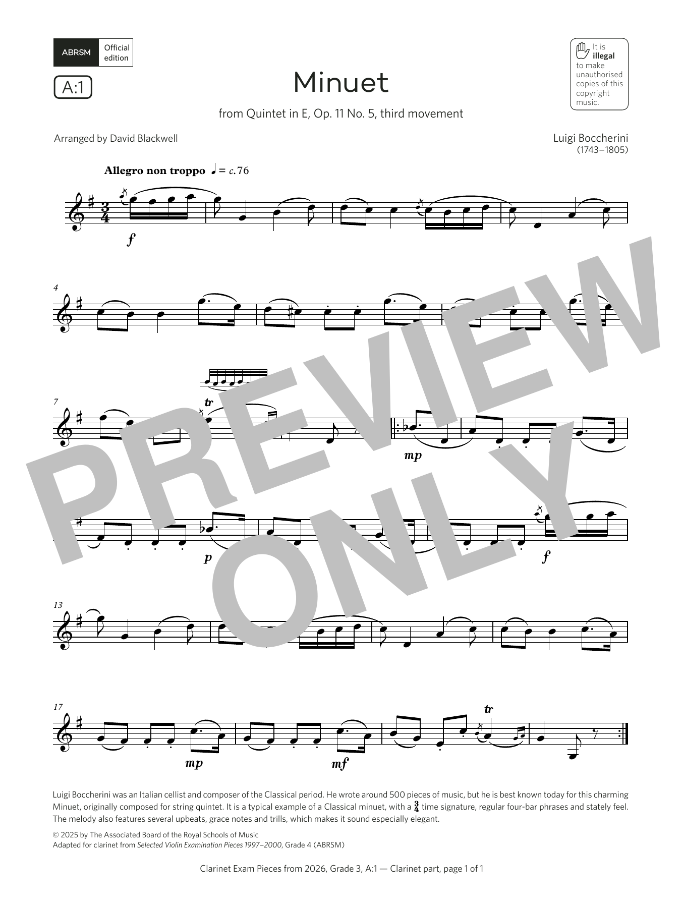 Product gallery: Page 1 of 1 Minuet (Grade 3, list A1, from the ABRSM Clarinet Syllabus from 2026), Luigi Boccherini
