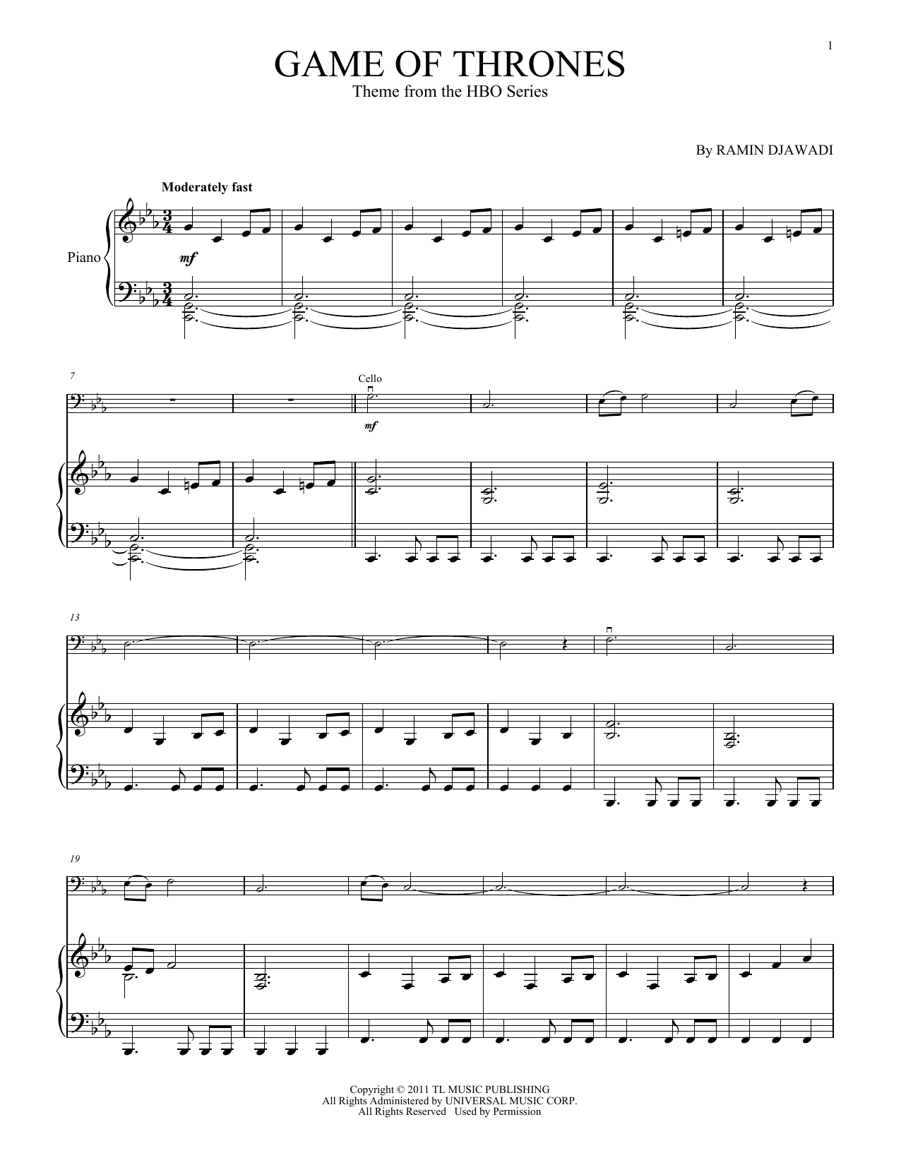 Produktgalerie: Seite 1 von 1 Game Of Thrones - Main Title, Ramin Djawadi, Klavier, Violoncello