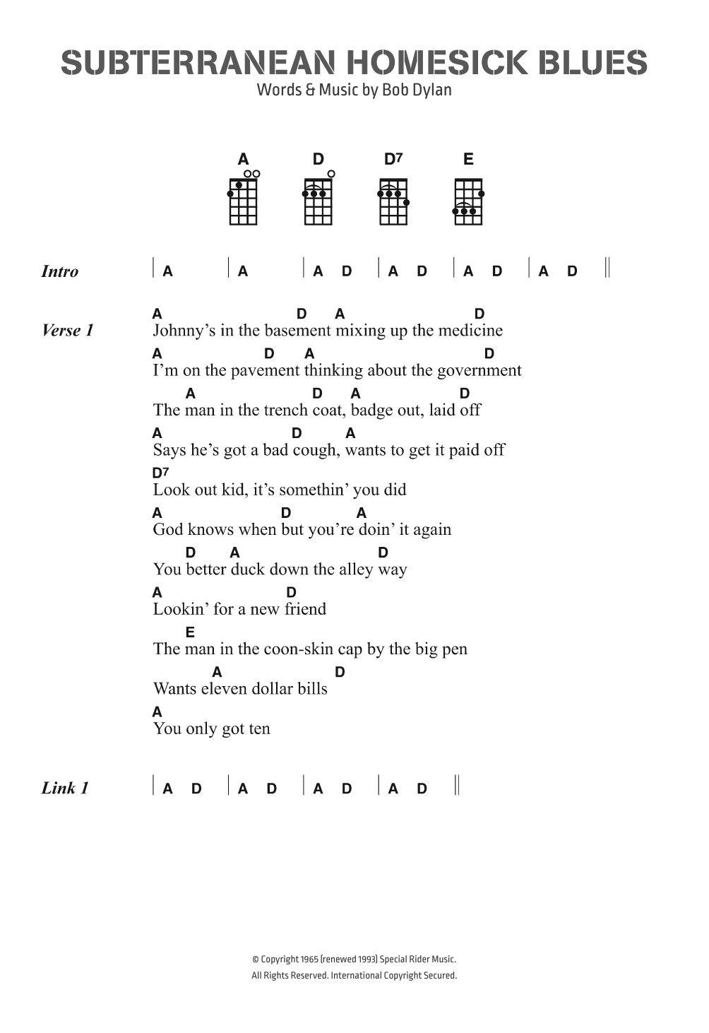 Produktgalerie: Seite 1 von 1 Subterranean Homesick Blues, Bob Dylan, Gesang, Gitarre, Klavier