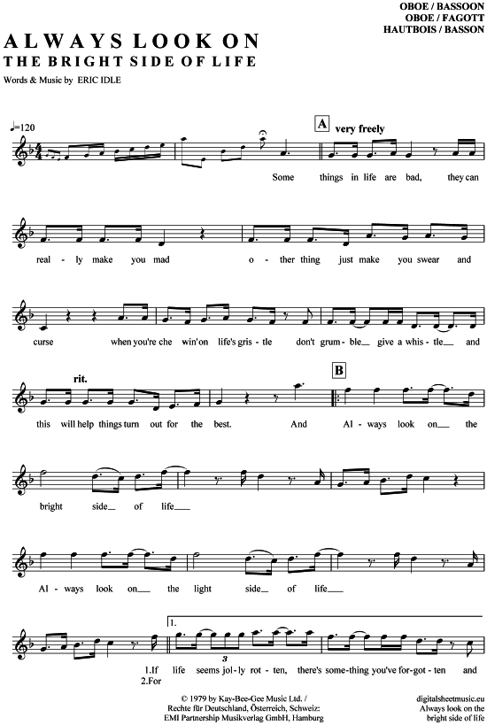 Produktgalerie: Seite 1 von 4 Always look on the bright side of life , Monty Python, (Oboe / Fagott)