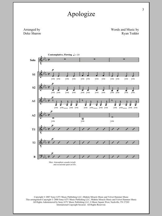 Product picture to: Apologize (feat. OneRepublic) (arr. Deke Sharon)