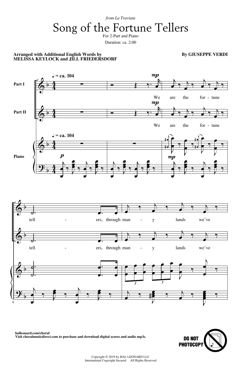 Product picture to: Song Of The Fortune Tellers (from La Traviata) (arr. Melissa Keylock and Jill Friedersdorf)