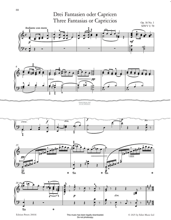 Produktgalerie: Seite 1 von 1 Three Fantasias or Capriccios, Op. 16, Felix Mendelssohn, Klavier