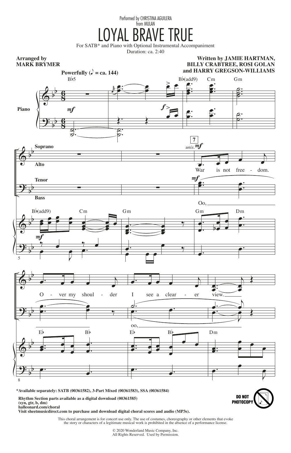 Produktbild zu: Loyal Brave True (from Mulan) (arr. Mark Brymer)