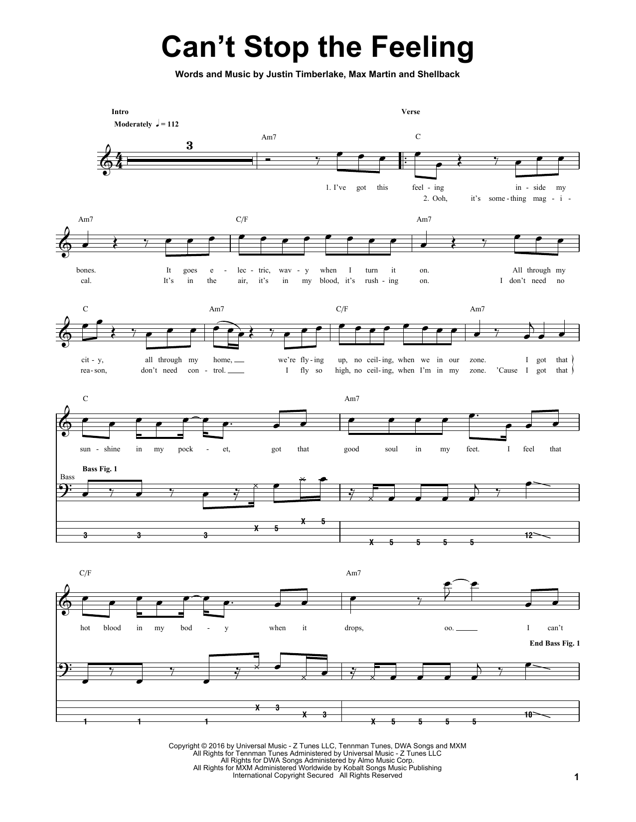 Produktgalerie: Seite 1 von 1 Can't Stop The Feeling, Justin Timberlake, E-Bass