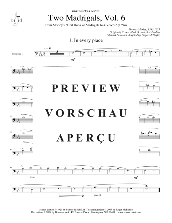 Produktgalerie: Seite 6 von 15 Zwei Madrigale Vol. 6, , (2xTrompete in B/C, Horn in F, Posaune)