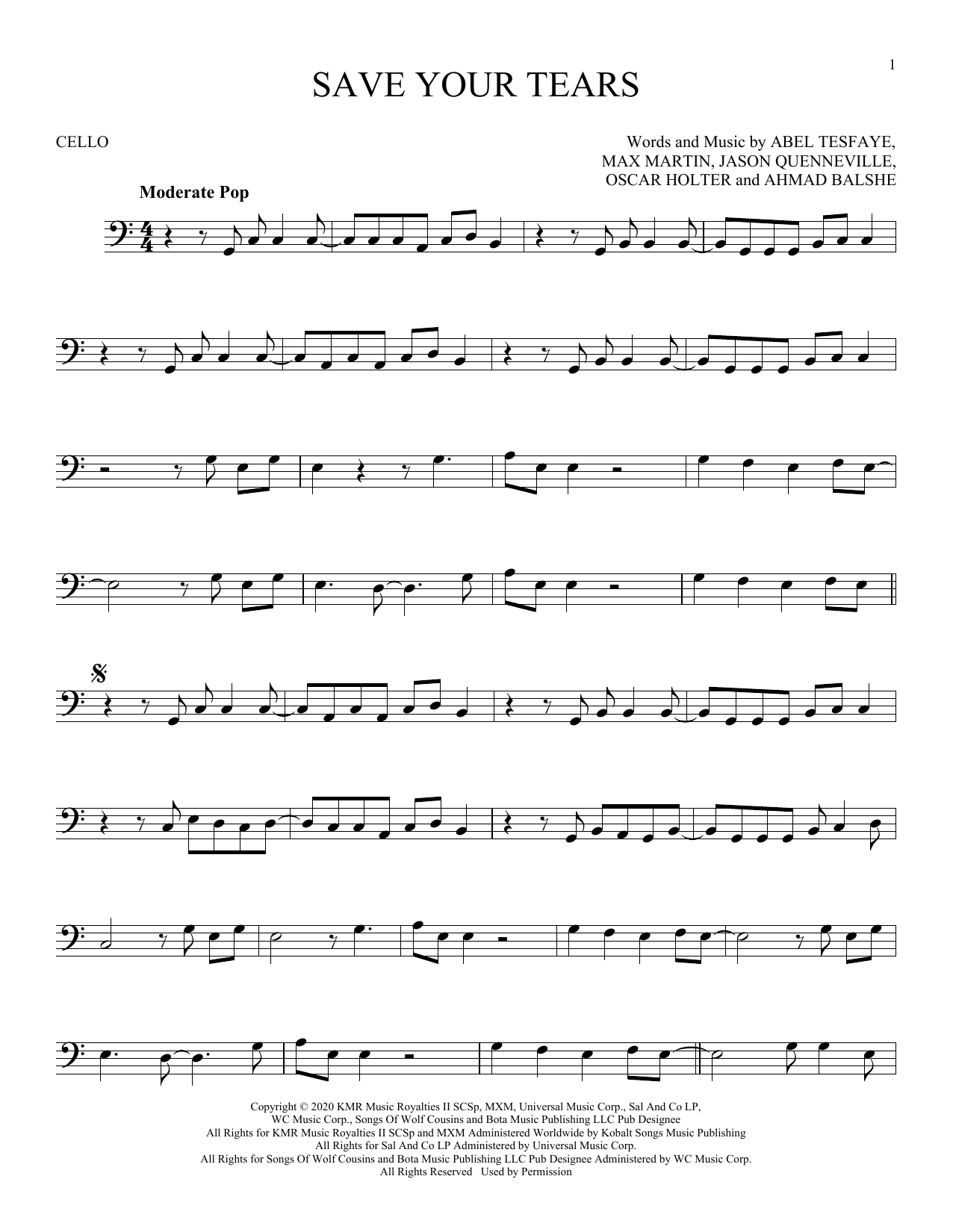 Produktgalerie: Seite 1 von 1 Save Your Tears, The Weeknd, Violoncello