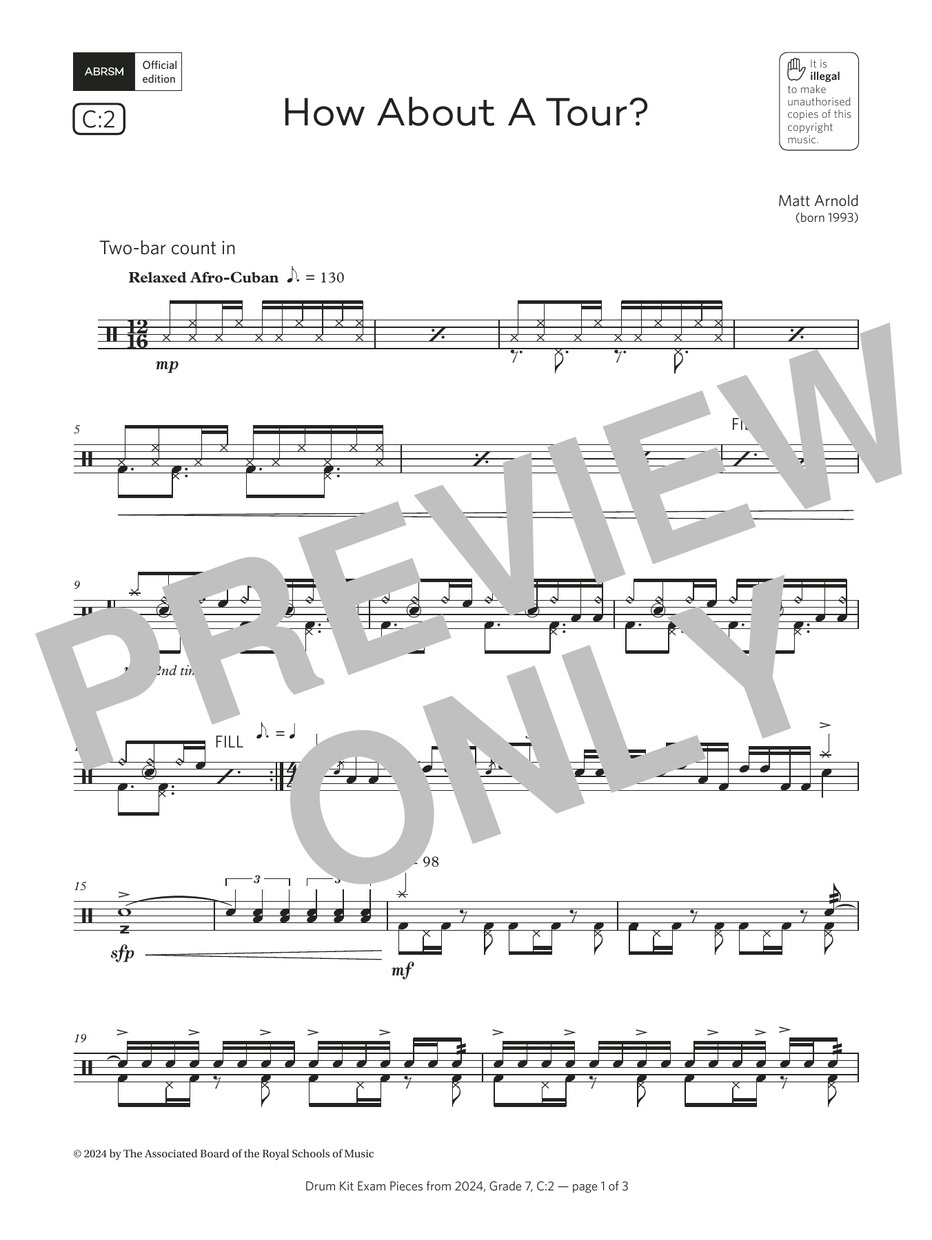 Product gallery: Page 1 of 1 How About A Tour? (Grade 7, list C2, from the ABRSM Drum Kit Syllabus 2024), Matt Arnold