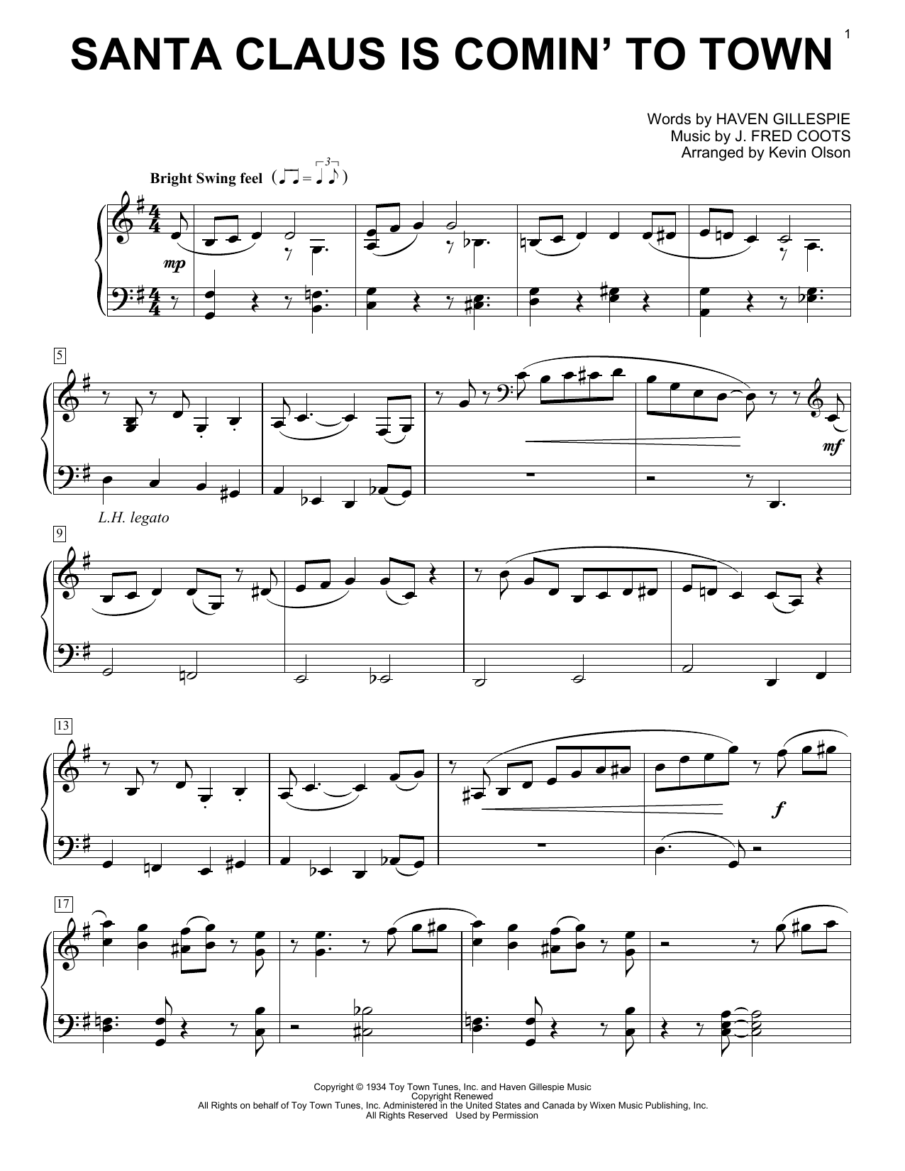Produktgalerie: Seite 1 von 1 Santa Claus Is Comin' To Town (arr. Kevin Olson), J. Fred Coots, Klavier