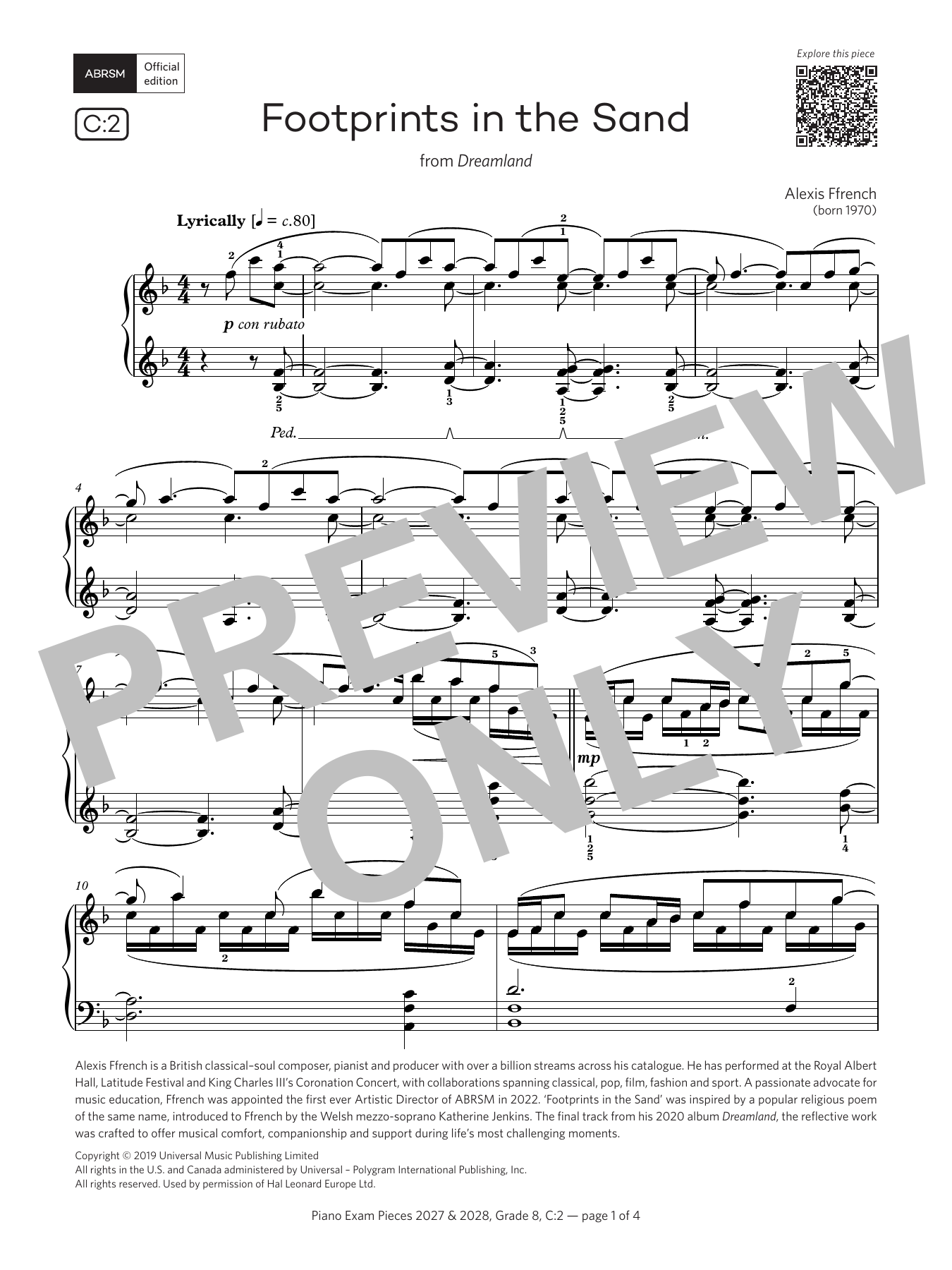 Product gallery: Page 1 of 1 Footprints in the Sand (Grade 8, list C2, from the ABRSM Piano Syllabus 2027 & 2028), Alexis Ffrench