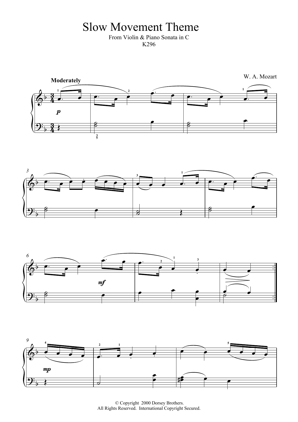 Product gallery: Page 1 of 1 Slow Movement Theme from Violin and Piano Sonata in C, K296, Wolfgang Amadeus Mozart