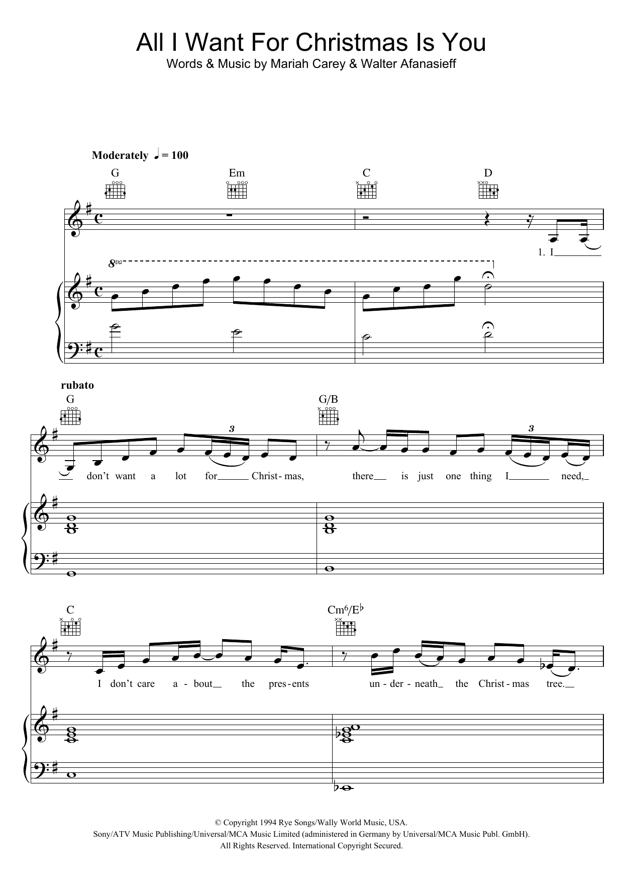 Produktgalerie: Seite 1 von 1 All I Want For Christmas Is You, Mariah Carey, Gesang, Gitarre, Klavier