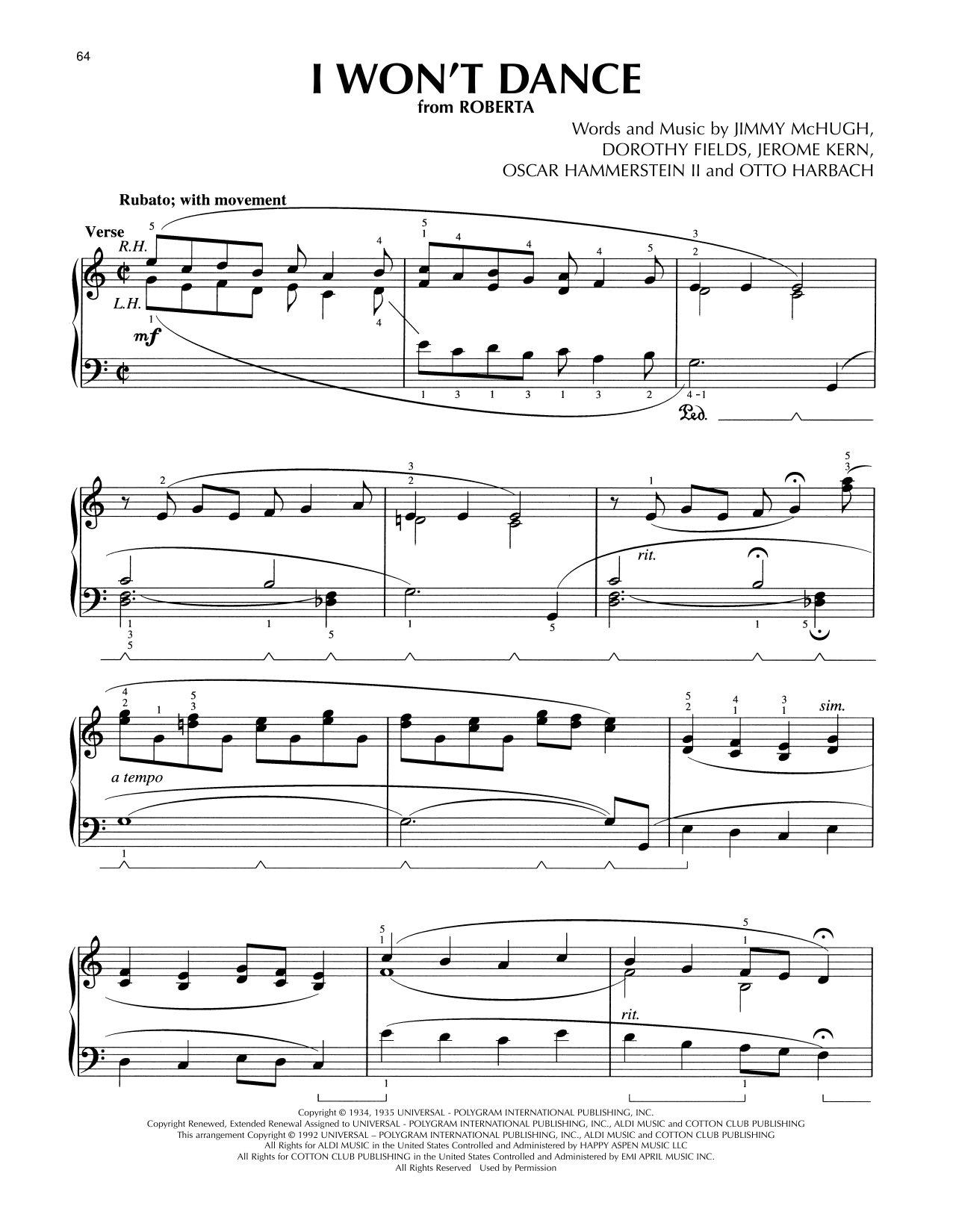 Product picture to: I Won't Dance (from Roberta) (arr. Lee Evans)