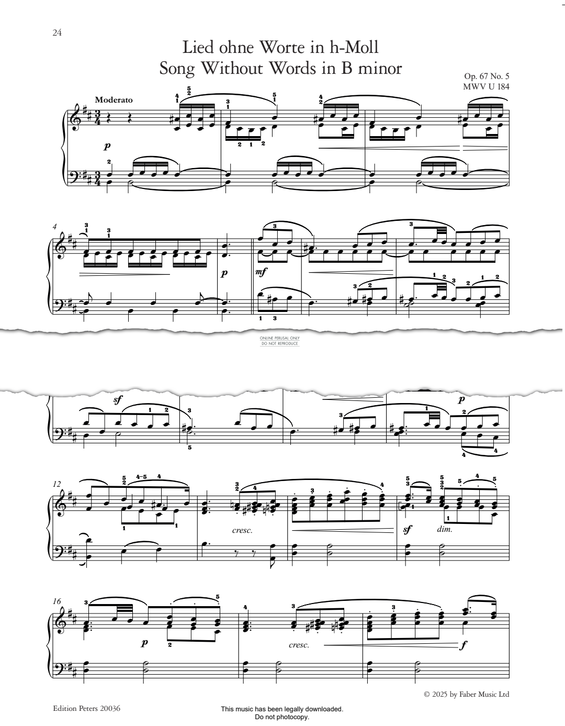 Produktgalerie: Seite 1 von 1 Song Without Words in B Minor Op.67, No.5, Felix Mendelssohn, Klavier