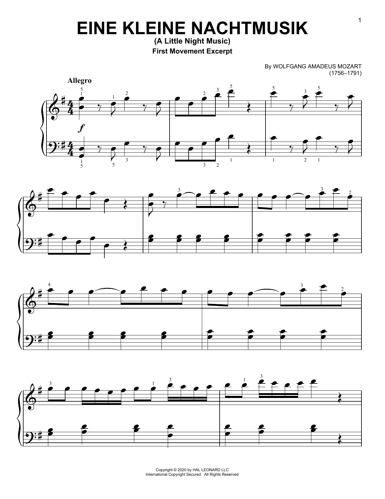 Product gallery: Page 1 of 1 Eine Kleine Nachtmusik ("Serenade"), First Movement Excerpt, Wolfgang Amadeus Mozart