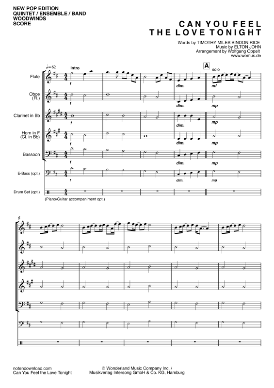 Produktgalerie: Seite 1 von 11 Can You Feel The Love Tonight, John, Elton, Holzbläser Quintett/Ensemble/Band - Klavier, E-Bass und Drum Set opt.