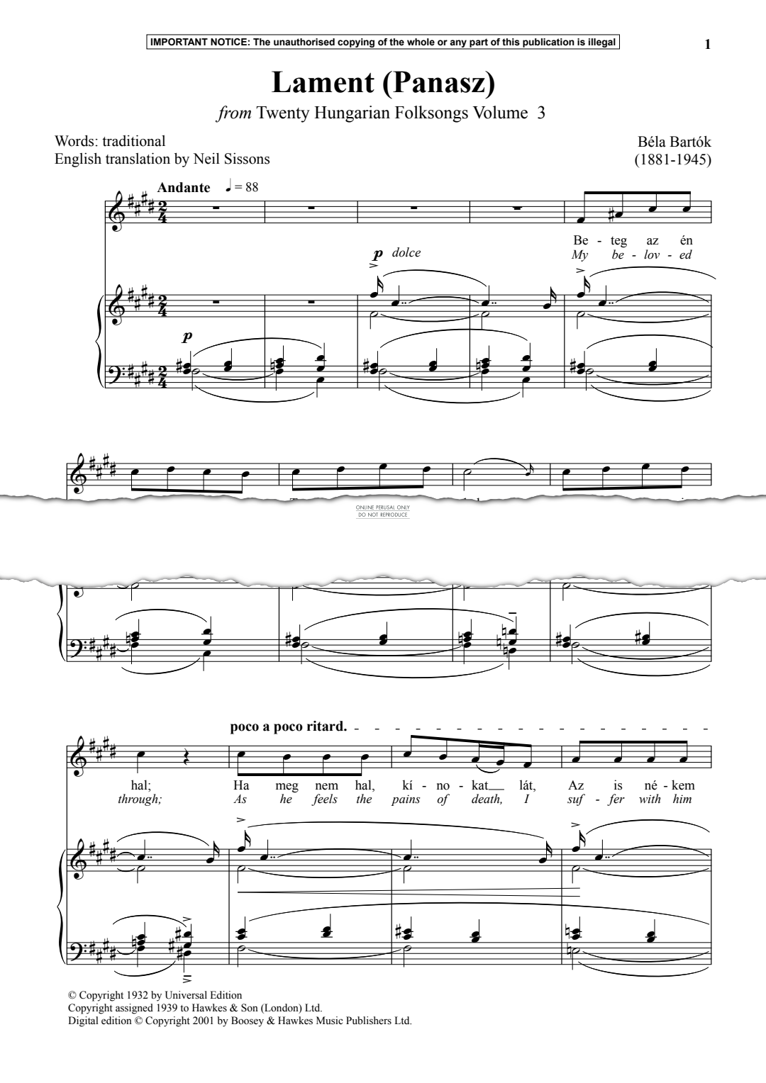 Produktgalerie: Seite 1 von 1 Lament (Panasz) from Twenty Hungarian Folksongs Volume  3, Bela Bartok, Gesang, Klavier