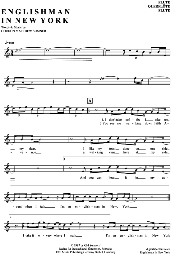 Product gallery: Page 1 of 5 Englishman in New York , Sting, (transverse flute)