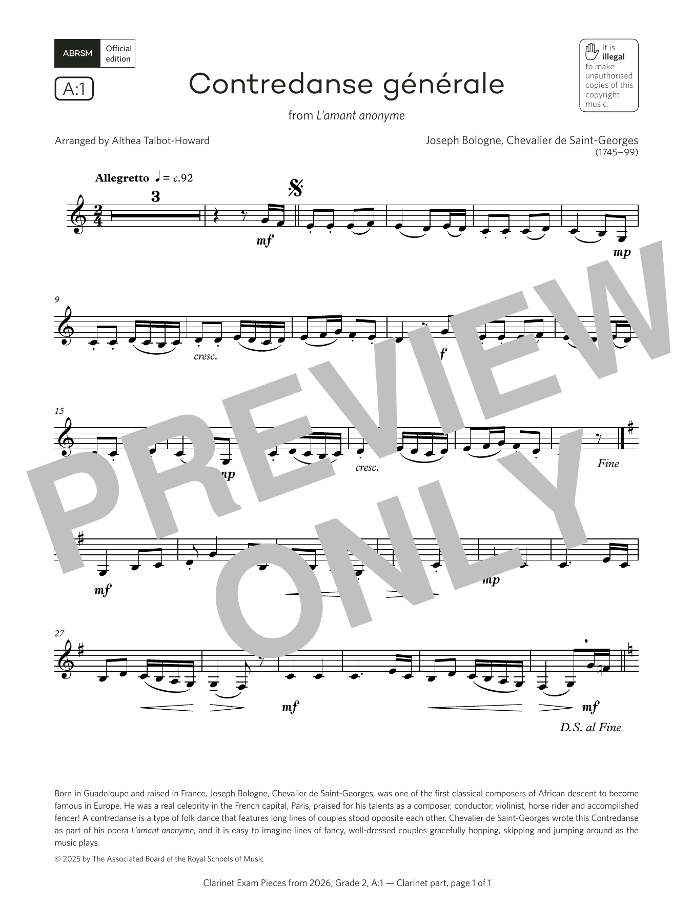 Product gallery: Page 1 of 1 Contredanse générale (Grade 2, list A1, from the ABRSM Clarinet Syllabus from 2026), Joseph Bologne