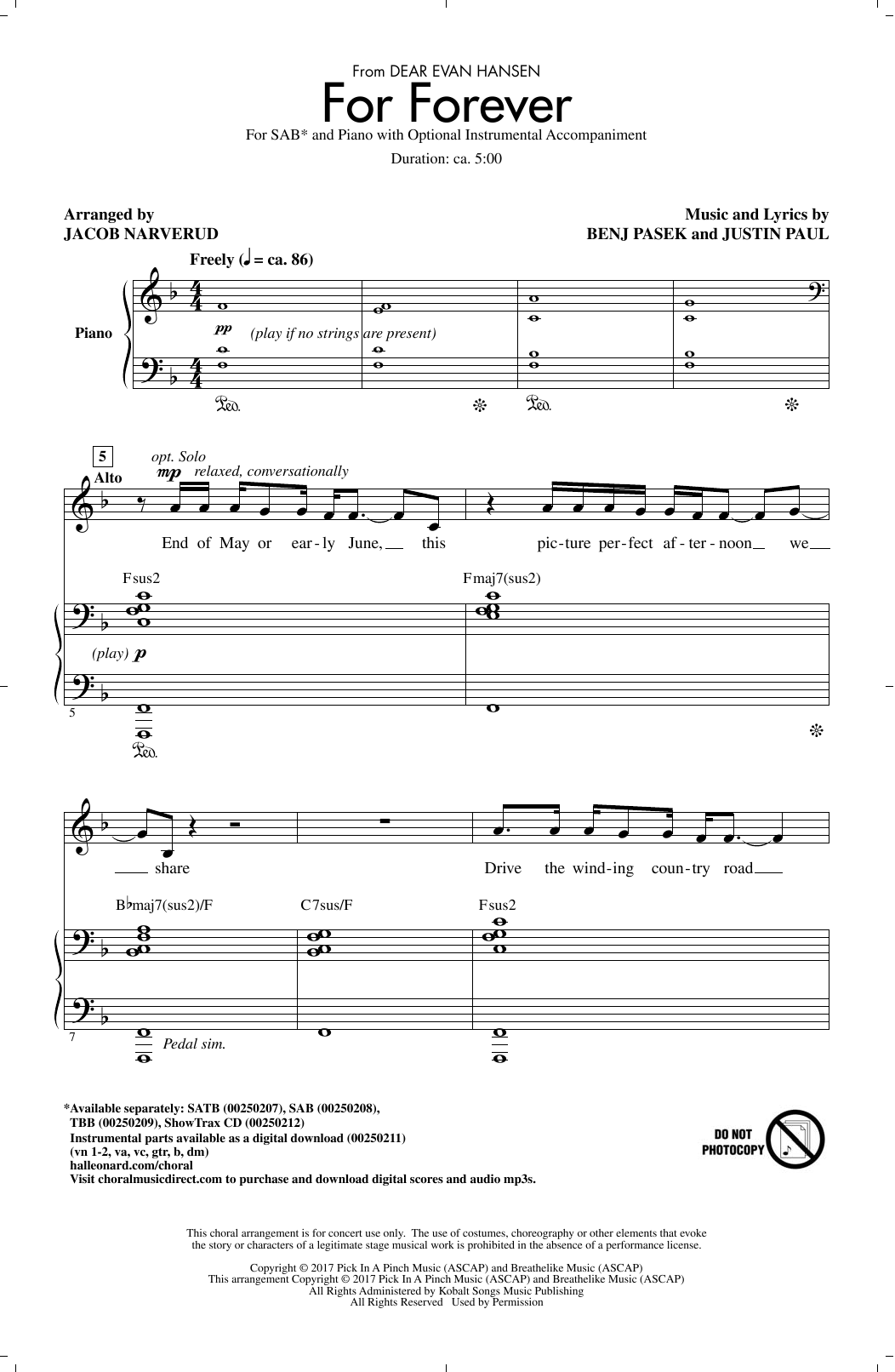 Product gallery: Page 1 of 1 For Forever (from Dear Evan Hansen) (arr. Jacob Narverud), Pasek & Paul