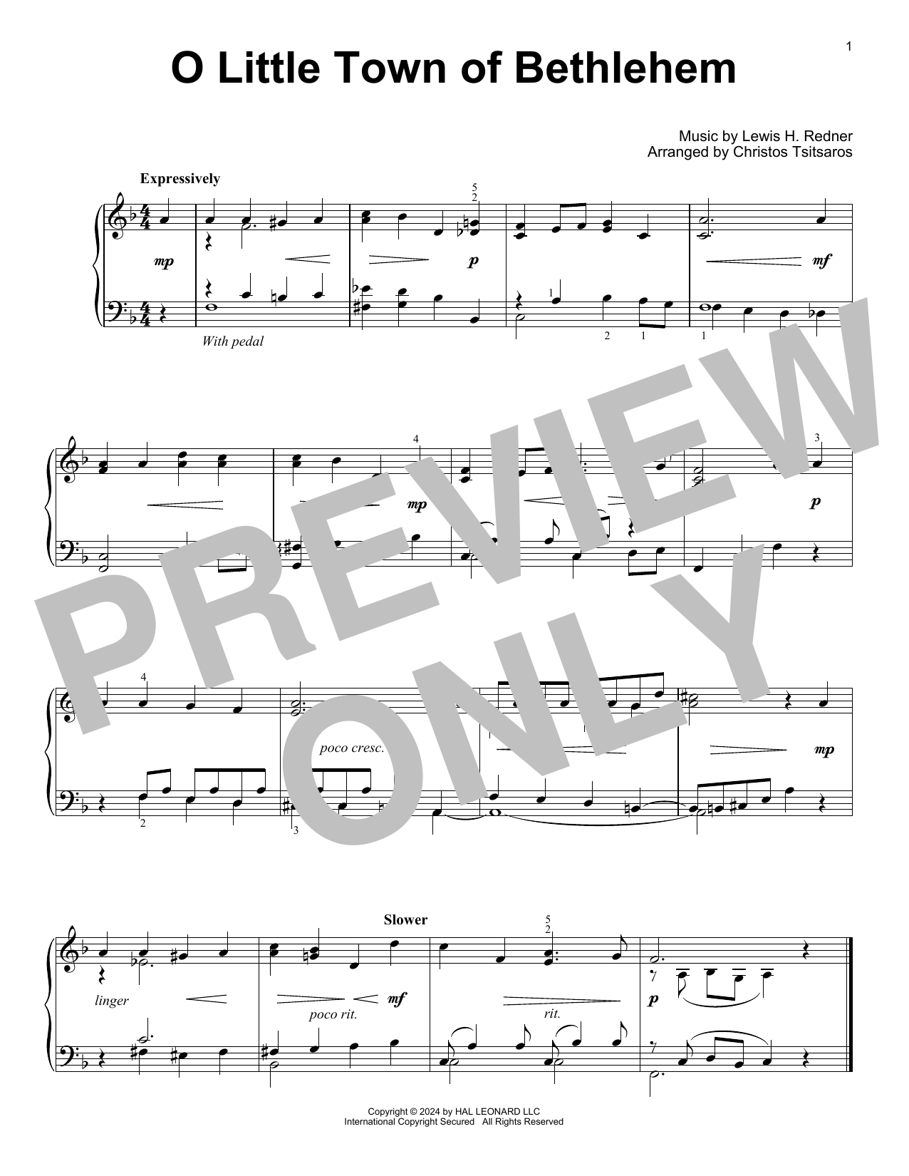 Produktgalerie: Seite 1 von 1 O Little Town Of Bethlehem (arr. Christos Tsitsaros), Lewis H. Redner, Klavier