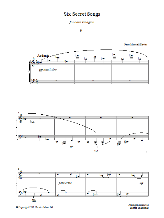 Product gallery: Page 1 of 1 Six Secret Songs, No.6, Andante, Peter Maxwell Davies