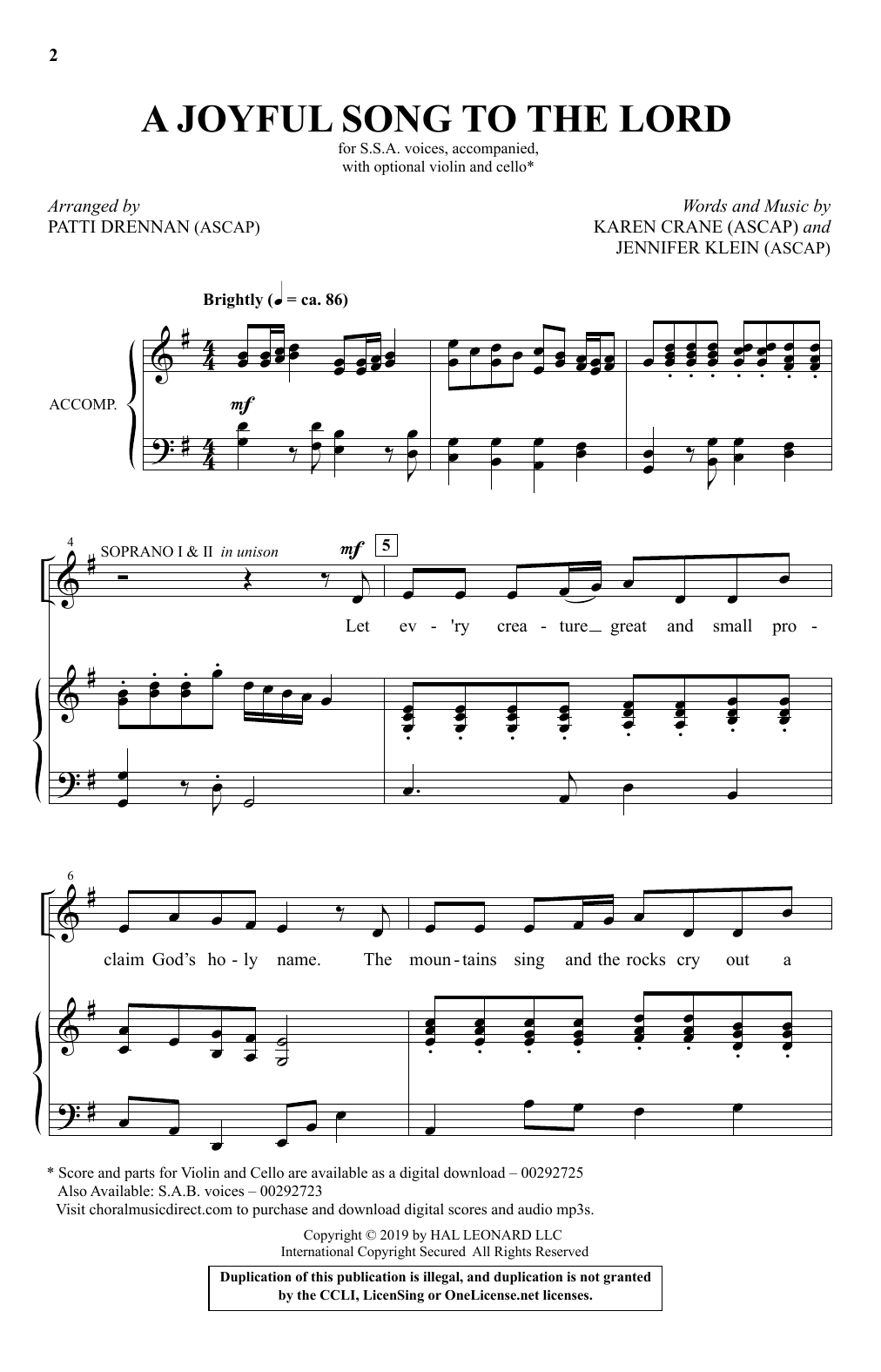 Product gallery: Page 1 of 1 A Joyful Song To The Lord (arr. Patti Drennan), Karen Crane & Jennifer Klein