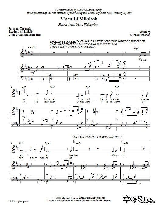 Product gallery: Page 1 of 1 V'asu Li Mikdash (Hear a Small Voice Whispering), Michael Isaacson