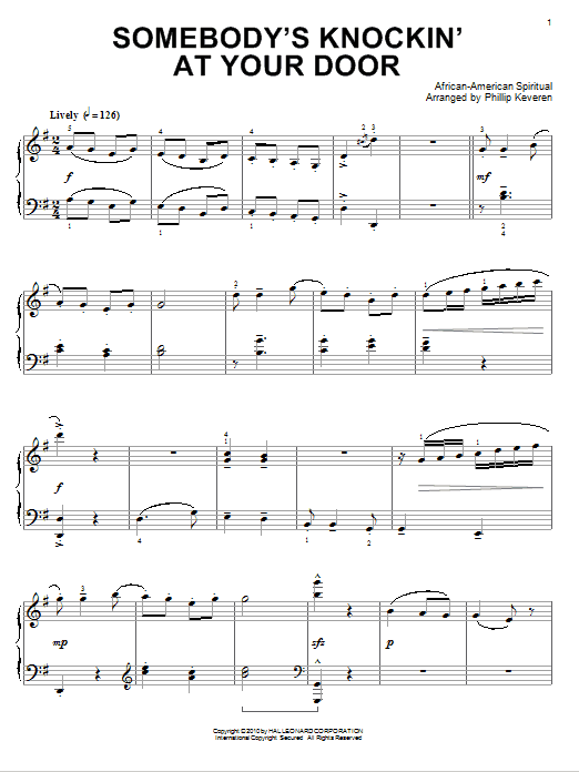 Product gallery: Page 1 of 1 Somebody's Knockin' At Your Door (arr. Phillip Keveren), African-American Spiritual