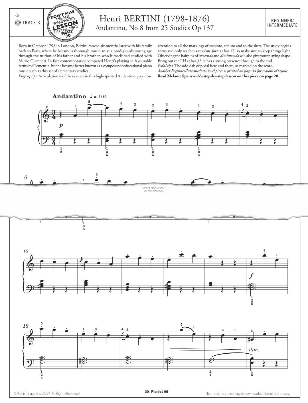 Product gallery: Page 1 of 1 Andantino, No.8 from '25 Studies Op.137', Henri Bertini