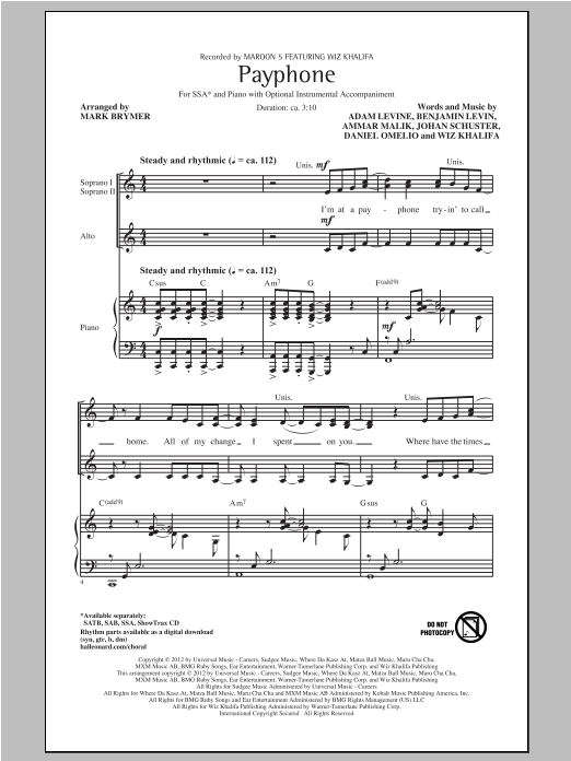 Produktgalerie: Seite 1 von 1 Payphone (arr. Mark Brymer), Maroon 5, Chor