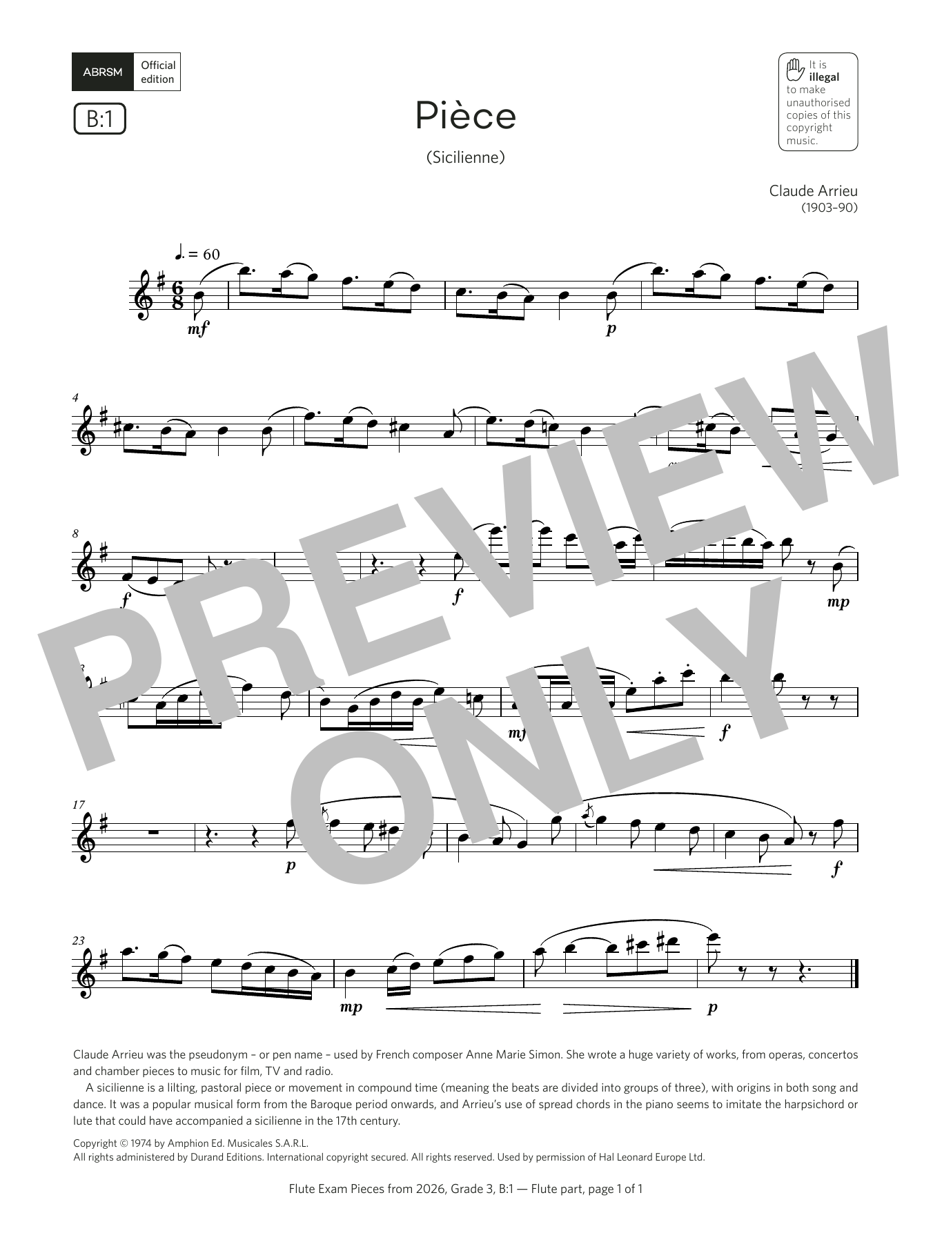 Product gallery: Page 1 of 1 Pièce (Grade 3, list B1, from the ABRSM Flute Syllabus from 2026), Claude Arrieu