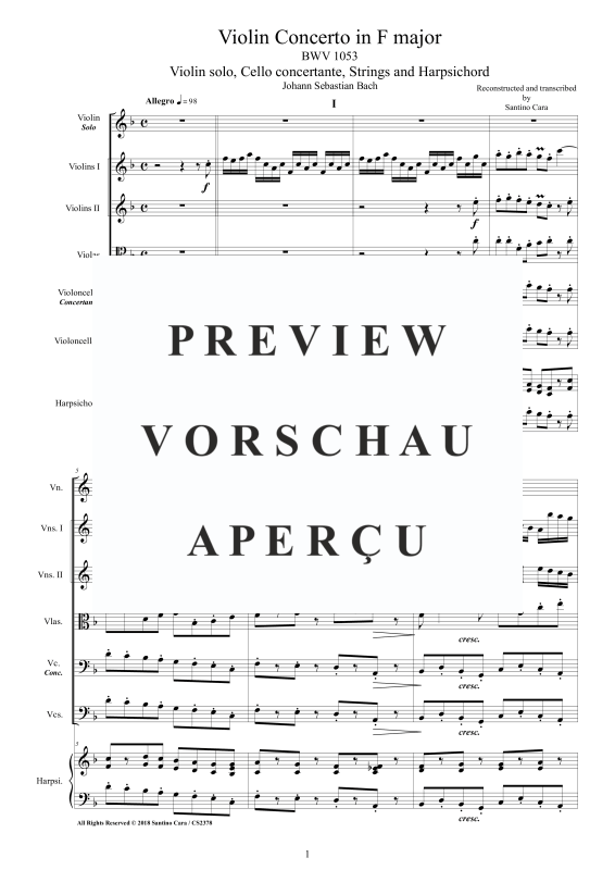 Produktgalerie: Seite 2 von 11 Violin Konzert in F-Dur BWV 1053, , Gemischtes Ensemble Violine, Violoncello, Streicher und Cembalo BC
