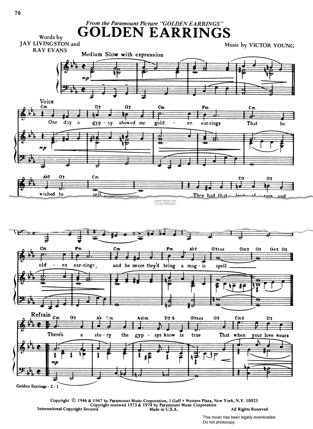 Product gallery: Page 1 of 1 Golden Earrings (from 'Golden Earrings'), Victor Young